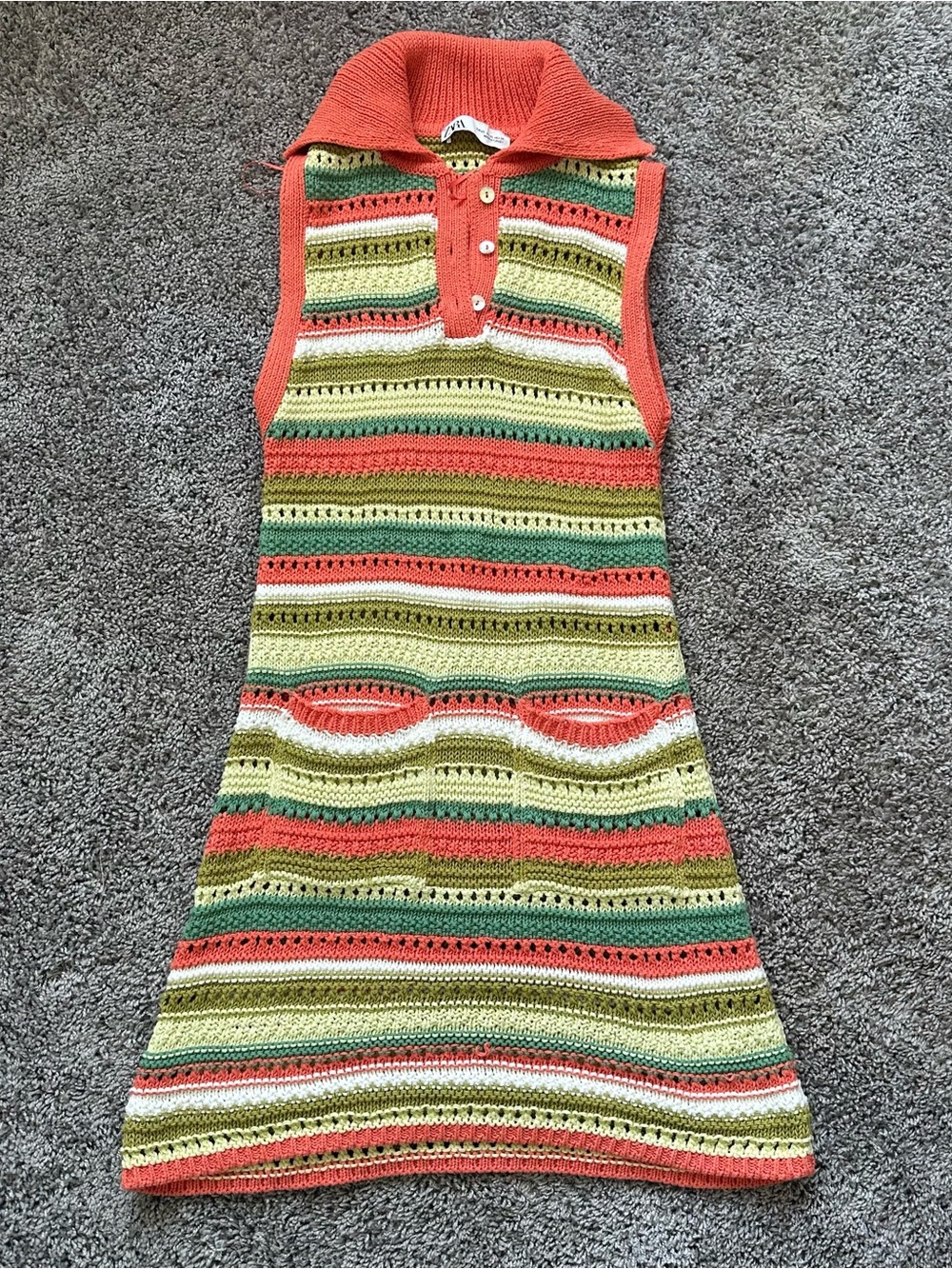 Zara Sleeveless Striped Knit Mini Dress in Coral, Green & Cream